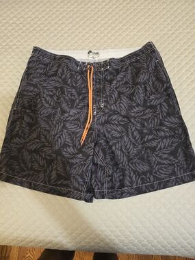 XXL- "Trunk" Dark Blue Leaf-Print Swim Shorts with Orange Drawstring